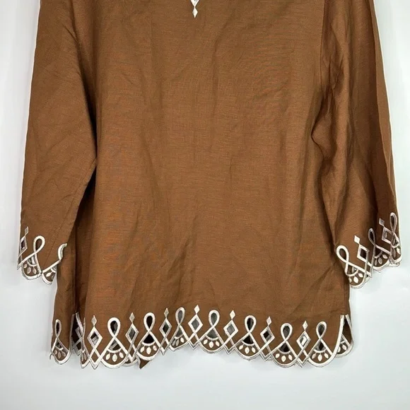 Bob Mackie Wearable Art Brown Embroidered Linen Blouse Size XS - Picture 6 of 8